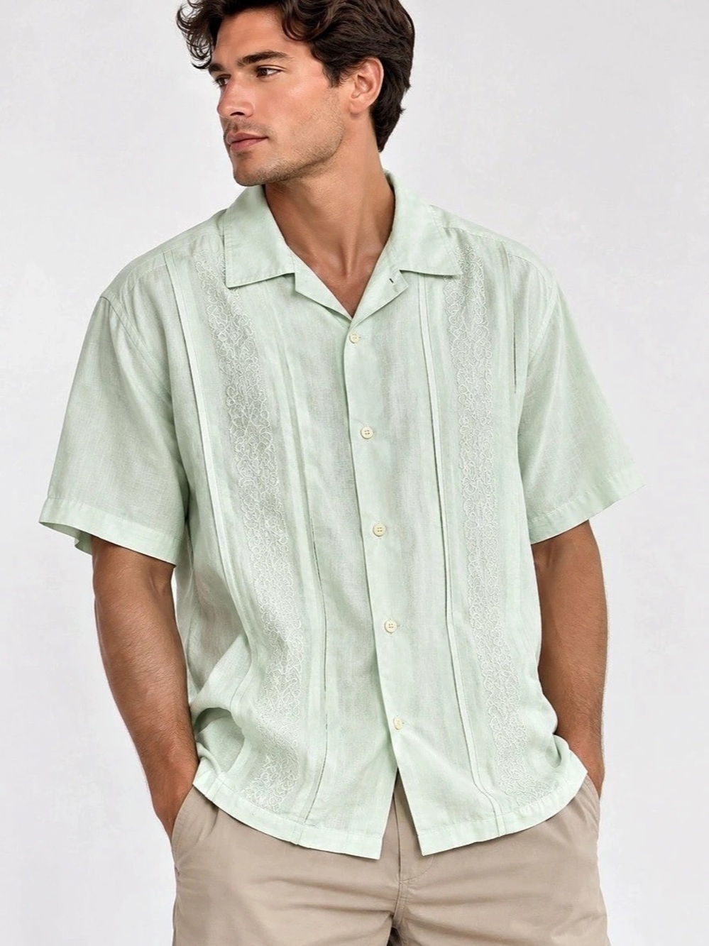 Sobrino Men’s XL Mint Green Linen Blend Guayabera Embroidered Shirt
